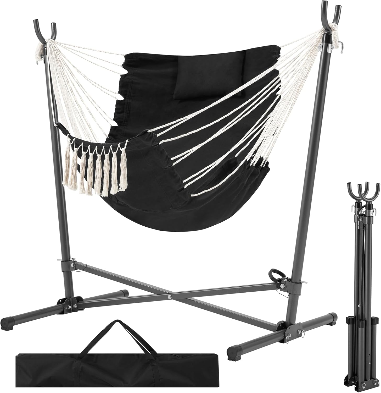Folding Hammock Stand with Heavy-Duty Hanging Chair, Max Load 450 pounds (Black)