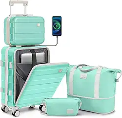 Mala de mão aprovada por companhias aéreas de 56 x 35 x 23 cm, mala de mão rígida leve, bagagem de viagem de 50 cm com rodas giratórias e porta USB, verde, Verde, Carry on luggage, Bagagem de