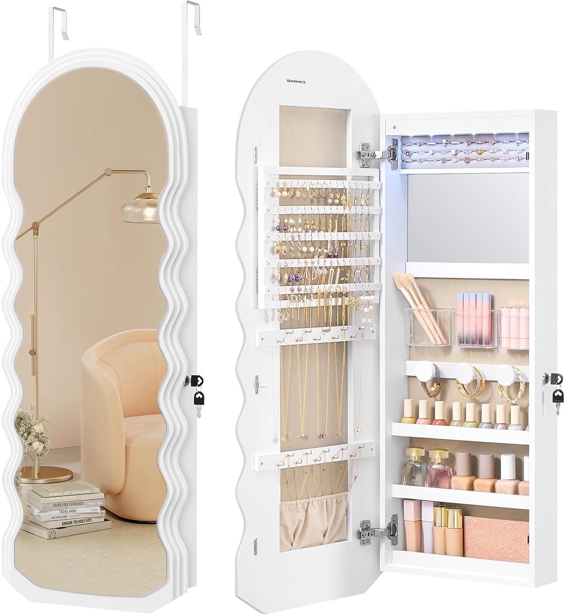 SONGMICS Organizador de Joyas Ancho, Montado en Pared/Puerta, Gabinete LED, Con Cerradura | Gabinete para joyería, espejo ondulado con almacenamiento, esquina redondeada, espejo interior, 3,9 x 16,5 x 42,5 pulgadas, UJJC031W01