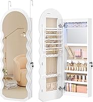 SONGMICS Wall-Mounted Mirror Jewelry Armoire with LED Lights, Lockable Wavy Full-Length Mirror, Over-Door Organizer UJJC031W01 White