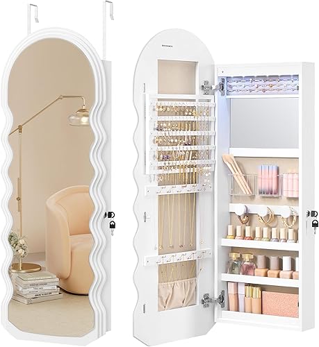 Miniatura 8 de SONGMICS Organizador de joyas ancho, armario LED para joyas montado en la pared/puerta, espejo arqueado con almacenamiento, con cerradura, esquina
