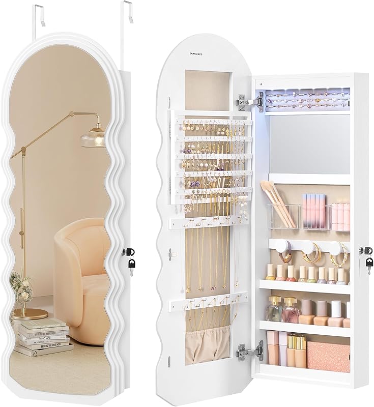 SONGMICS Organizador de Joyas Ancho, Montado en Pared/Puerta, Gabinete LED, Con Cerradura | Gabinete para joyería, espejo ondulado con almacenamiento, esquina redondeada, espejo interior, 3,9 x 16,5 x 42,5 pulgadas, UJJC031W01