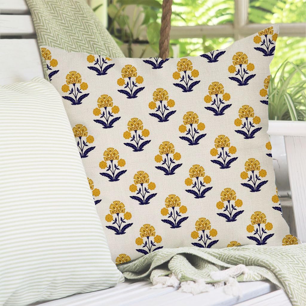 PANDICORN Block Print Throw Pillow Covers 20x20 Inch Set of 2 Yellow and Blue Vintage Boho Floral Outdoor Summer Decorations Decorative Throw Pillows Cases Covers for Home Living Room Couch Decor - Image 6