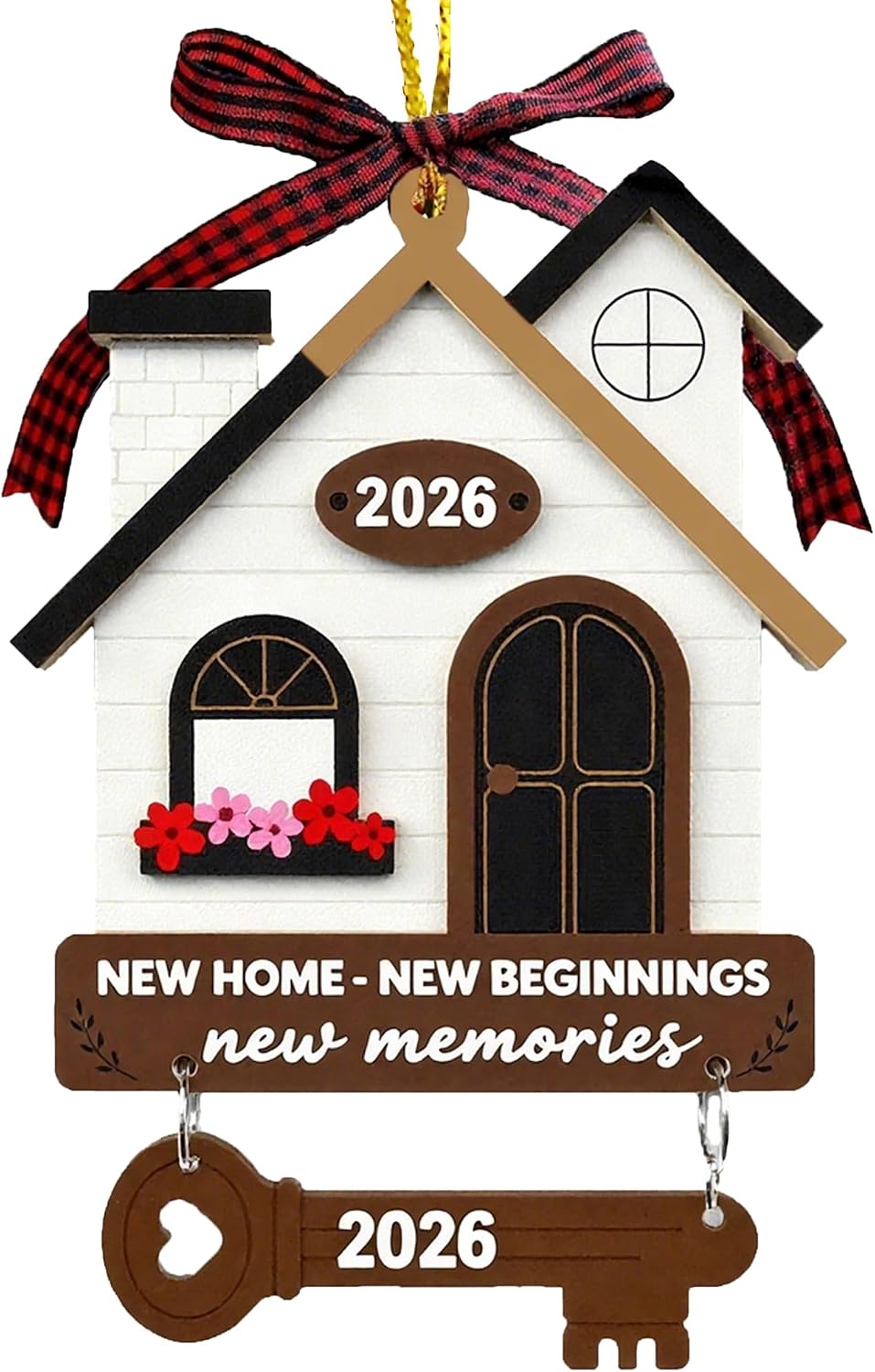 New Home Housewarming Gifts 2026 - Rustic Wood House Ornament with Key Charm & Buffalo Plaid Bow - 3.9" Closing Gift, Present for Homeowners Moving in Decor