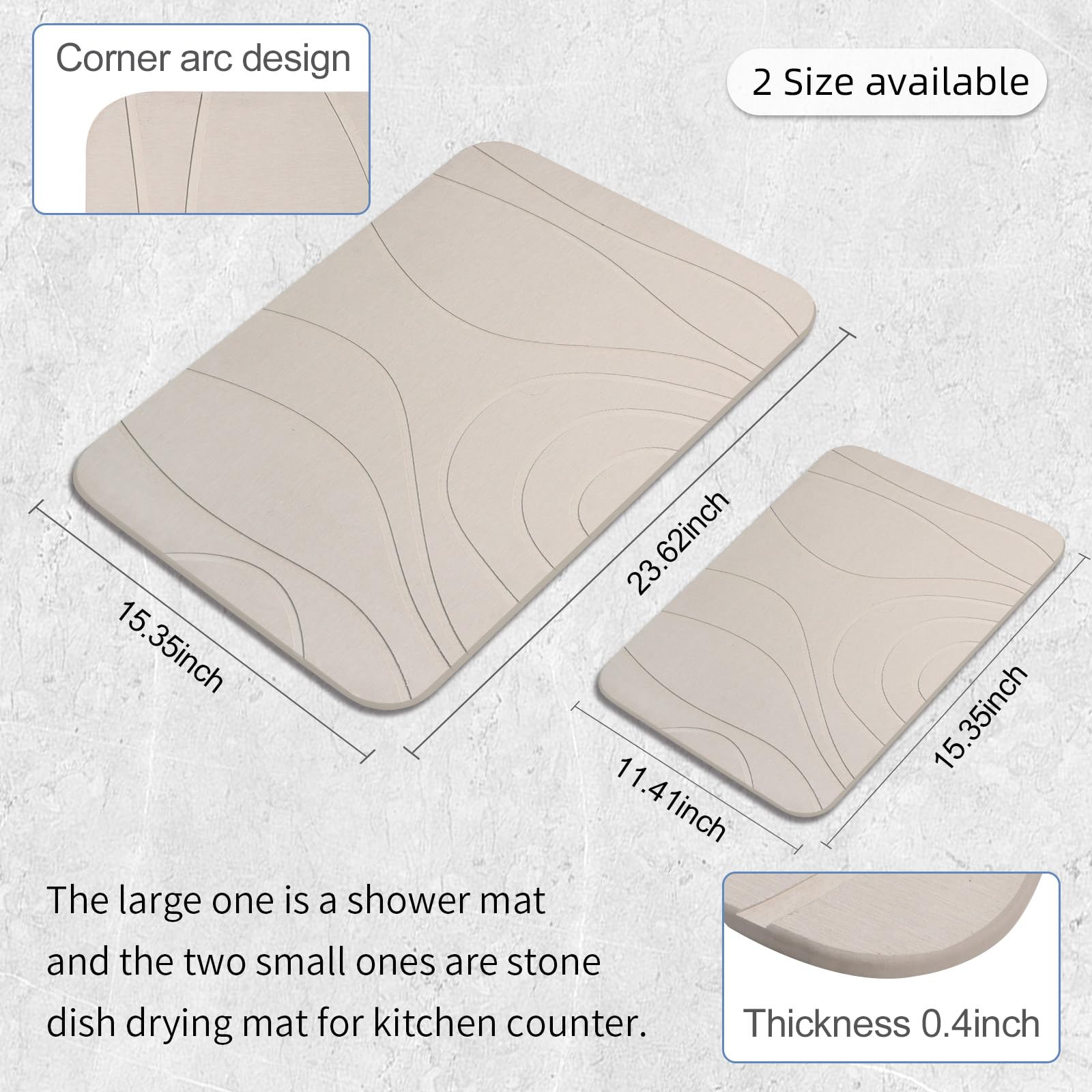 Alfombrilla de baño de piedra, alfombrilla de ducha de tierra de diatomeas, juego de 3, antideslizante, súper absorbente, de secado rápido, 24 x 15 pulgadas, color blanco grisáceo