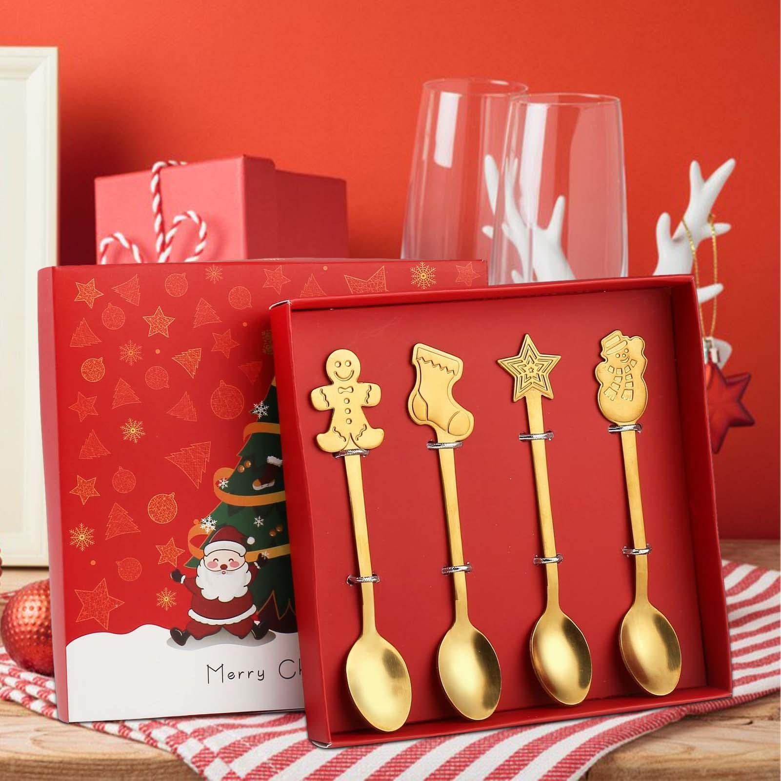 Ensemble De 6 Cuillères à Café/dessert De Noël En Inox - Avec Pendentifs Festifs (Père Noël, Sapin, Renne...), Pour Décoration De Table Et Cadeau