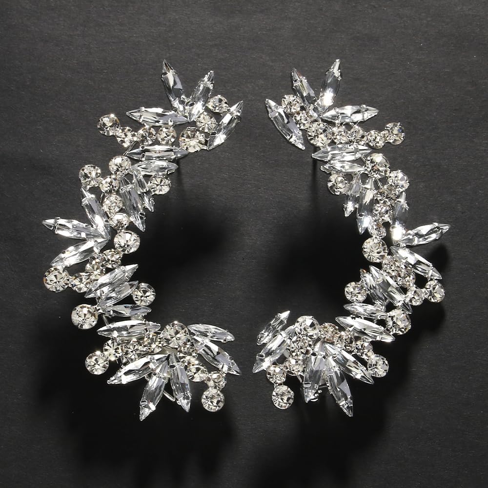 Rhinestone Silver Full Ear Cuff Earrings for Women Ear Clip Wrap Statement Climber Crawler Earrings for Women Hypoallergenic Silver Wedding Jewelry Gifts