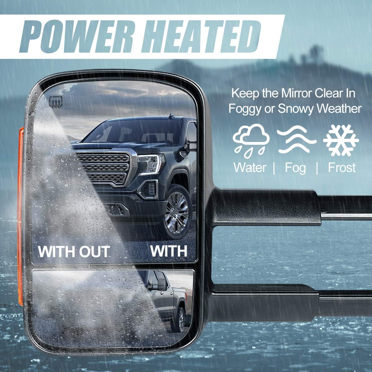 Driver and Passenger Sdie Rear View Towing Mirrors - Manual Telescoping | Power Adjustment | Heated Glass | Amber LED Turn Signal - Compatible with Silverado Sierra GMT900 07-14, Textured Black