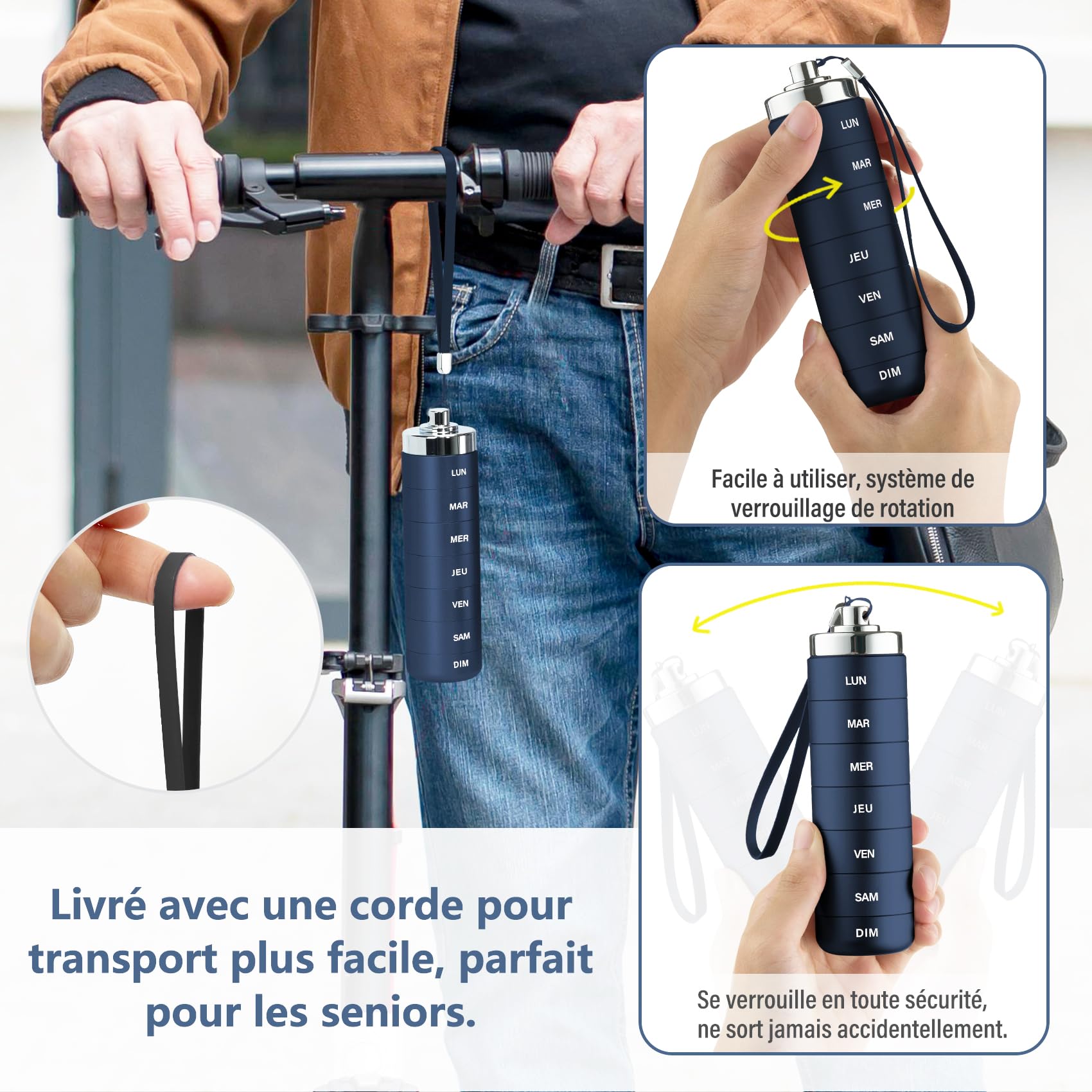 Pilulier Semainier 7 Jours Métal Voyage Pilulier Organisateur, Boîte à Pilules de Voyage étanche et Empilable pour Vitamines, Huile de Poisson, Suppléments