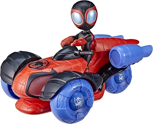 Miniatura 2 de Spidey and His Amazing Friends Glow Tech Techno-Racer - Coche de juguete con figura de acción de Miles Morales Spider-Man, juguetes preescolares de