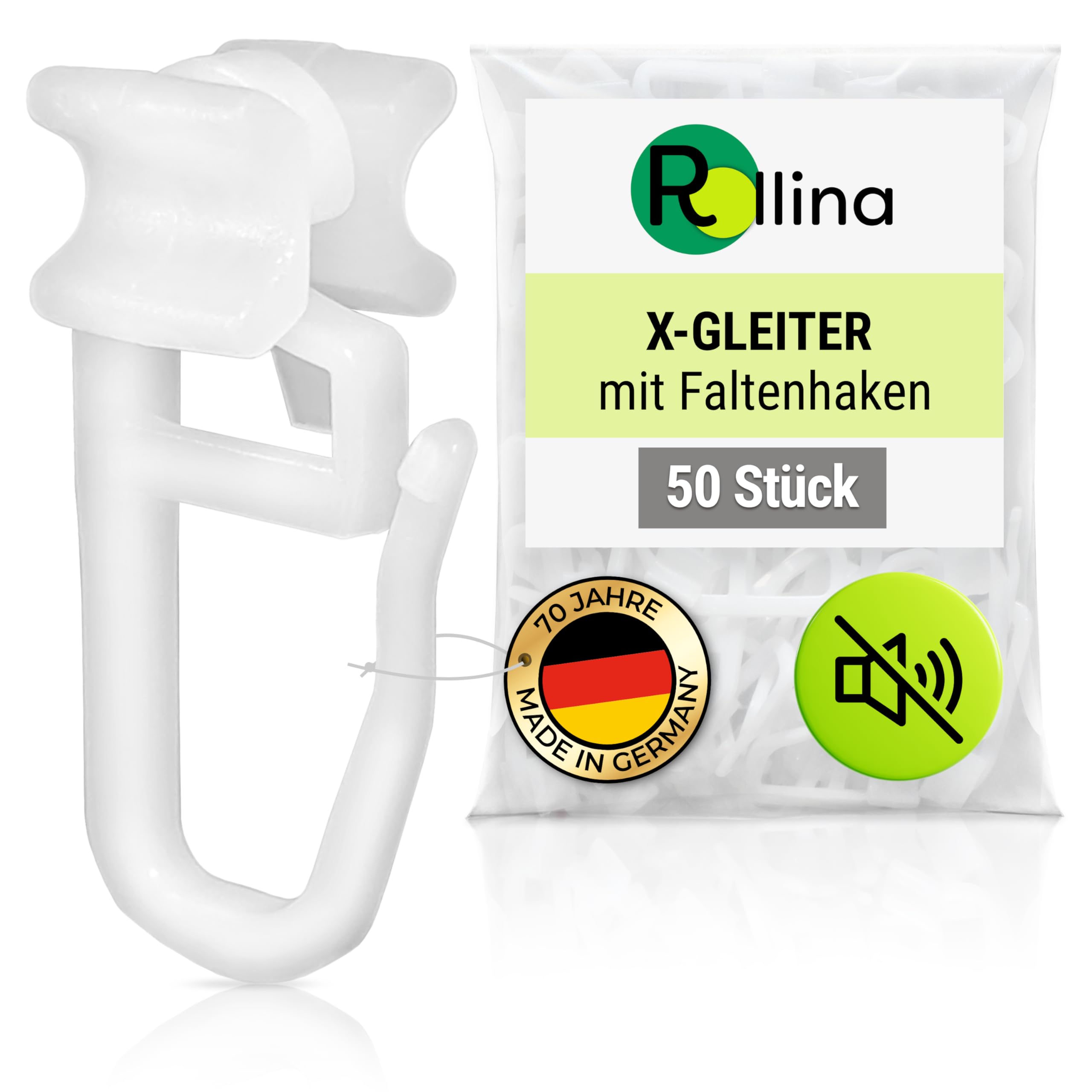 Rollina X-Gleiter | Gardinenhaken für Schienen mit 6mm Innenlauf-Breite | Vorhanghaken | Gardinengleiter für 6mm Laufkanal | Made in Germany