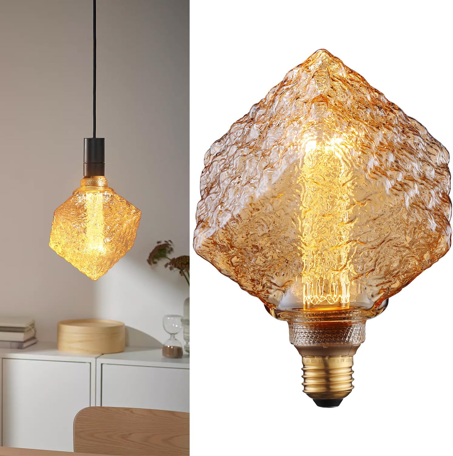 ESCENA Angular Aesthetics Series LED Decorative Light Bulb, Perfume Bottle Oversized Edison Bulb Dimmable 3.5W, E26, Unique Virtual Filament Vintage Bulbs, Amber Glass, 2000K Soft Warm, UL Listed