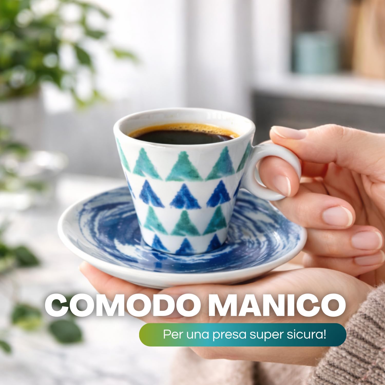 PALUPLUS Set 12 Tazzine Caffè con Piattino in Porcellana da 80 ml, Tazze da Espresso con manico, Lavabili in Lavastoviglie, adatte per Microonde, FANTASIA OCEAN -268
