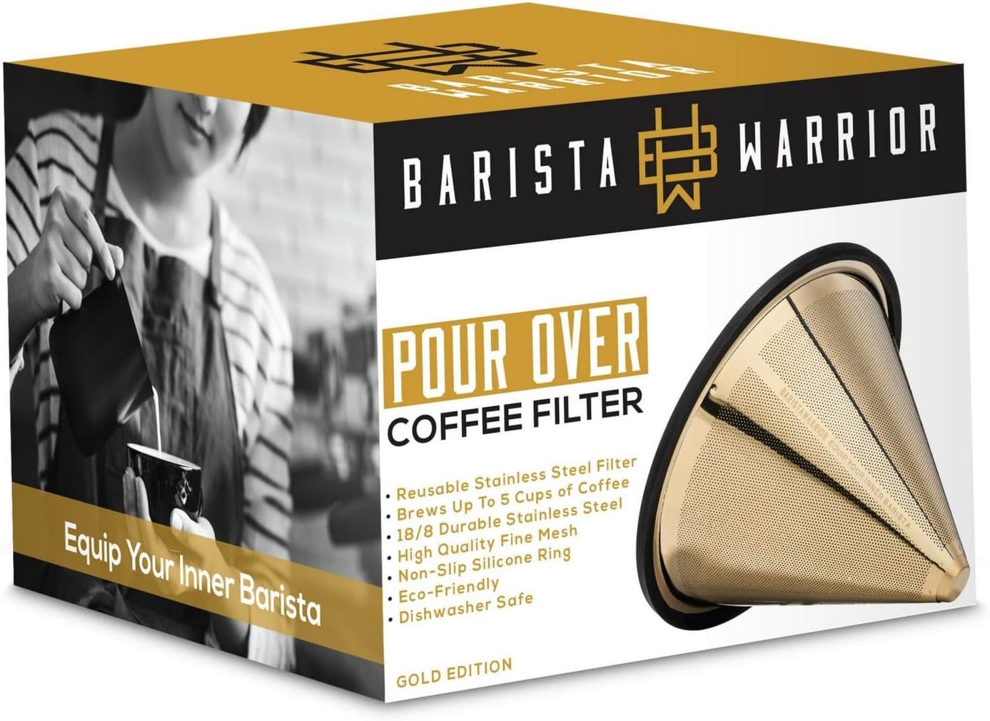 Barista Warrior Reusable Coffee Filter - Stainless Steel Pour Over Dripper, Compatible for Chemex, Hario V60 & Drippers, Easy to Clean Flavorful Brew Fine Mesh Coffee Filter - Gold Titanium Coated