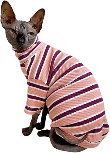 Miniatura 7 de Camisetas de algodón transpirable con diseño de gato sin pelo de rayas vintage Sphynx, ropa para mascotas, chaleco de cuello redondo, camisetas sin