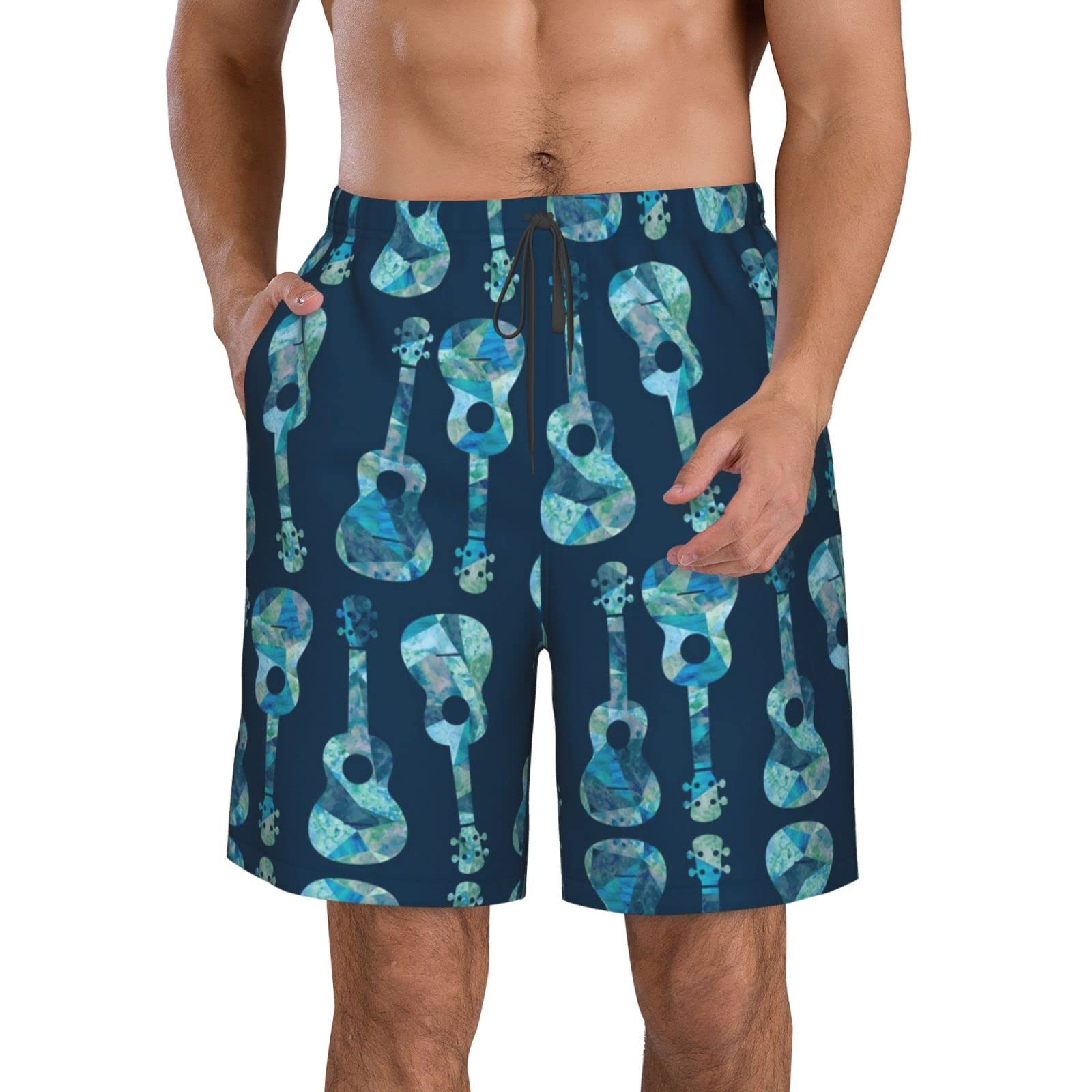 Lsjuee Guitar Ukulele Watercolor Men's Summer Swim Trunks Quick Dry Board Shorts Drawstring Beach Shorts
