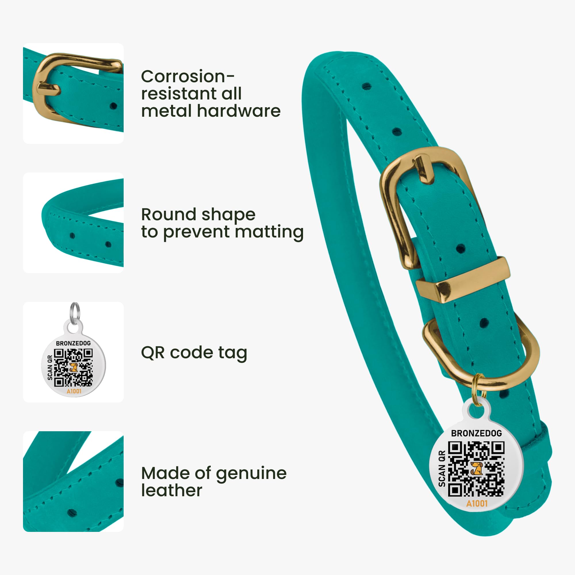 BRONZEDOG Rolled Leather Dog Collar with QR ID Tag Adjustable Soft Round Collars for Small Medium Large Dogs Puppy Cat (Turquoise - Image 3