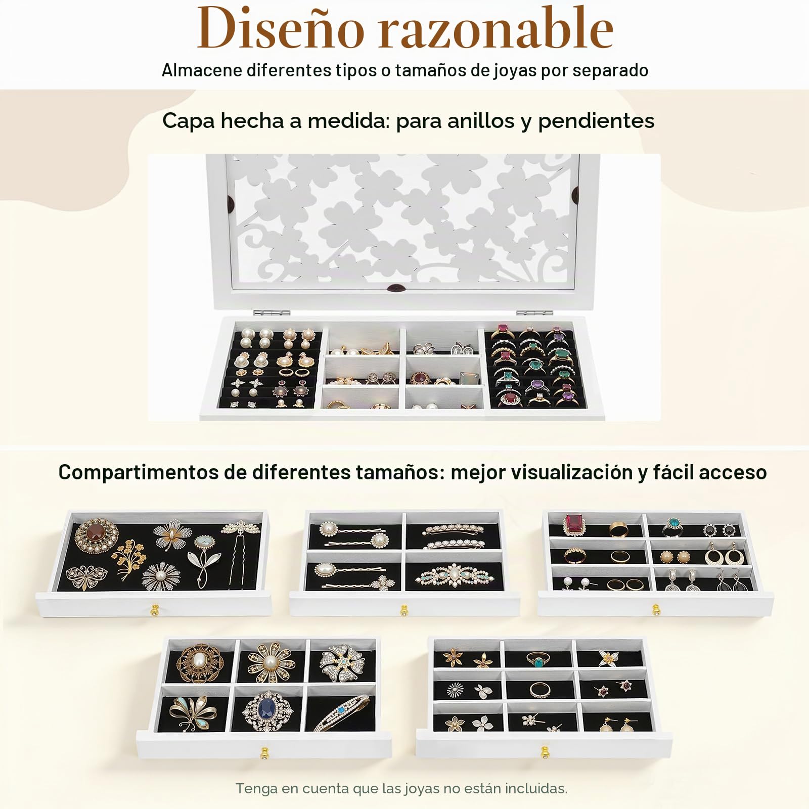 Joyero de madera, joyero grande con 6 niveles, joyero con cajones, forrado con franela, para pulseras, pendientes, anillos, collares