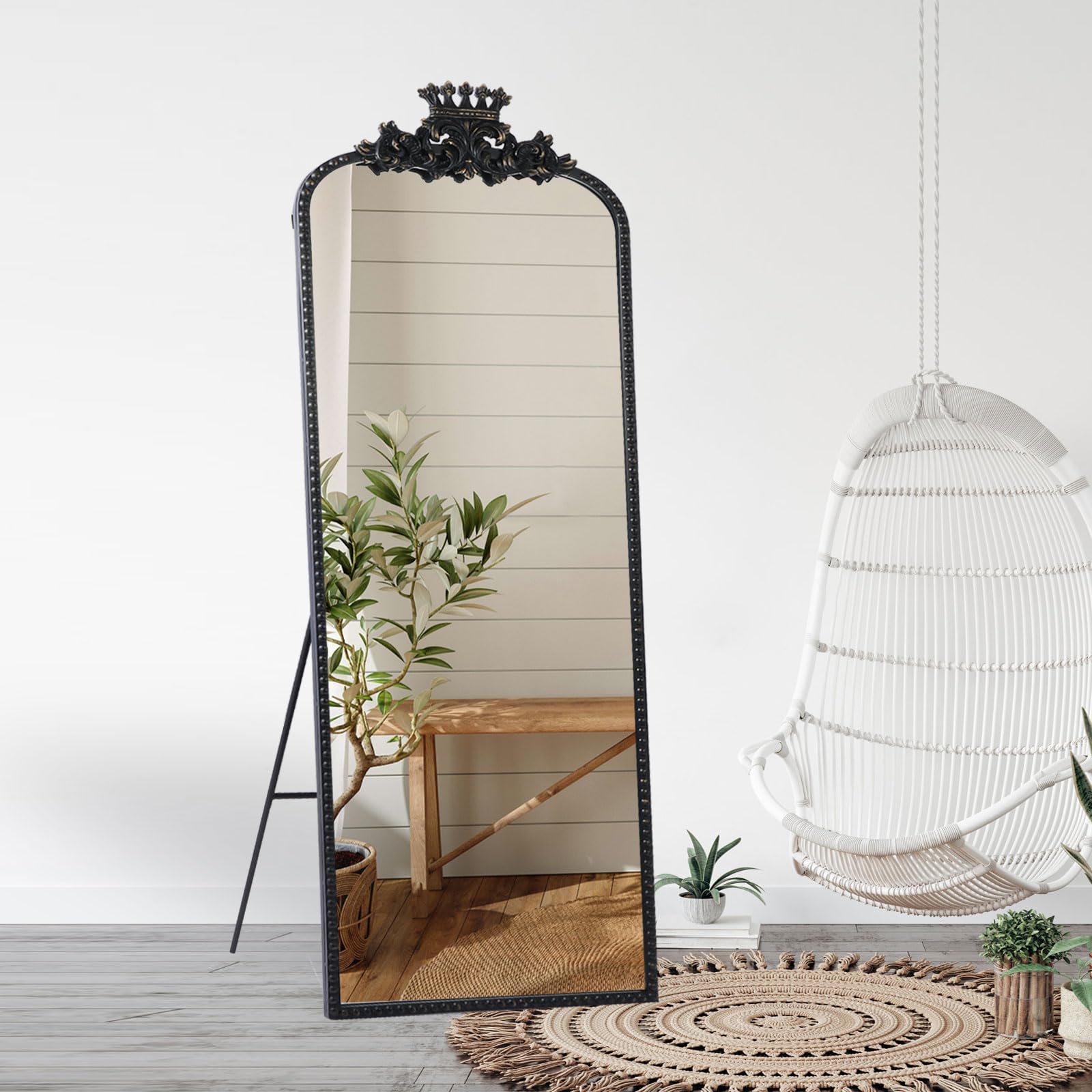 black arched full length mirror floor stand decorative wall mounted vintage body size 22"×65" large traditional baroque with crown style antique ornate farmhouse home decor