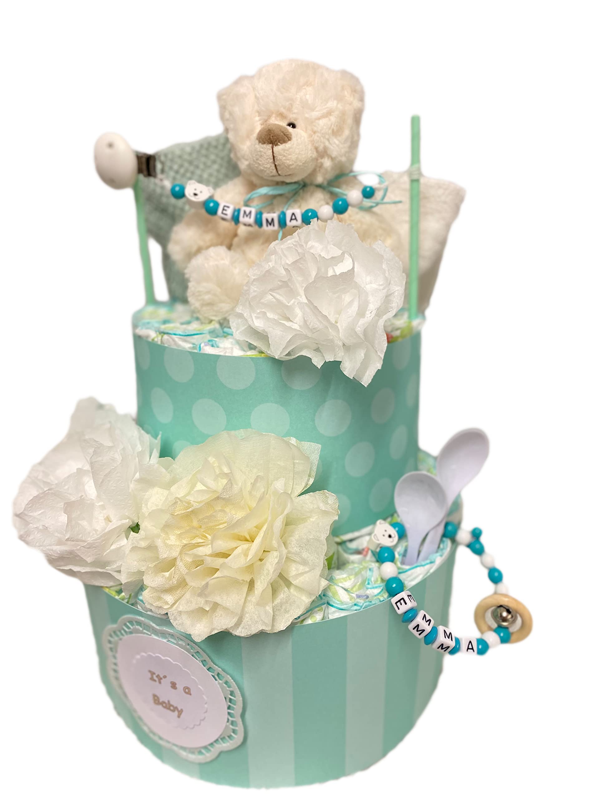 Sinchns Bastelzauber Windeltorte Teddy Bär PomPom Mint Boho Personalisiert Handmade mit ca. 50 Windeln Größe 3