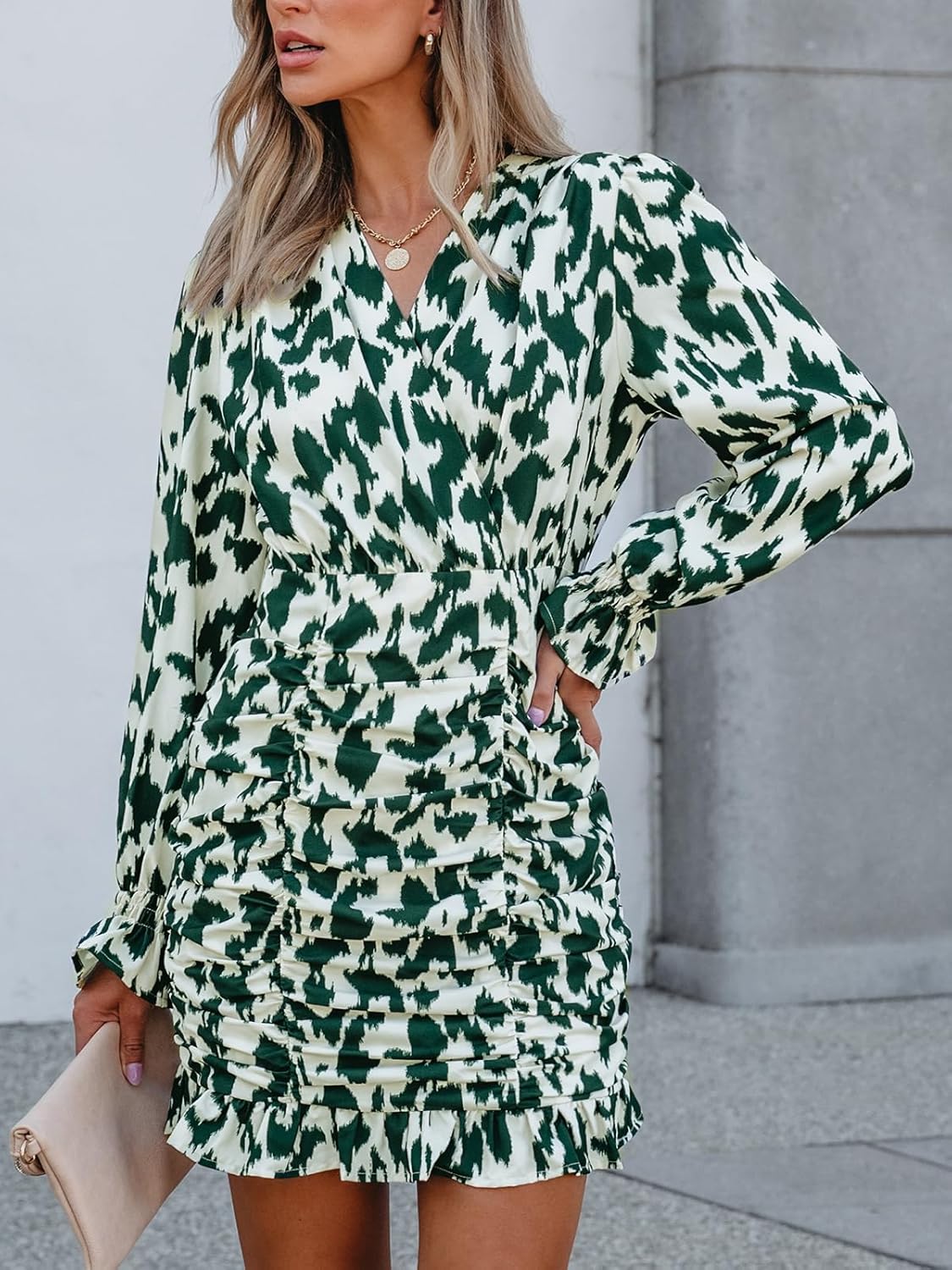 CUPSHE Shirred Ruffle Mini Fall Dresses for Women Surplice V Neck Long Poet Sleeve Abstract Print Casual Autumn Dress - Image 5