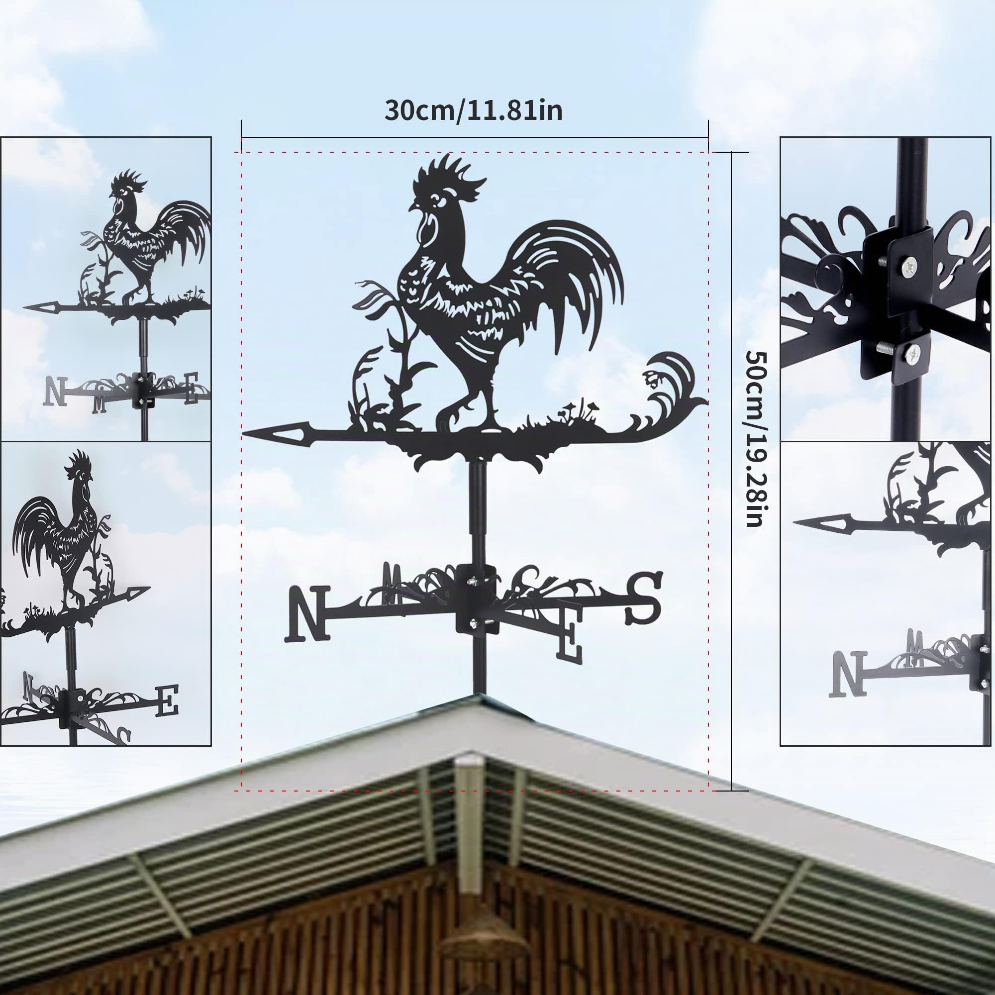 Girouette en acier inoxydable - Coq en métal - Indicateur de direction du vent - Scène de ferme pour toit extérieur, jardin, cour, décoration de ferme (roster)