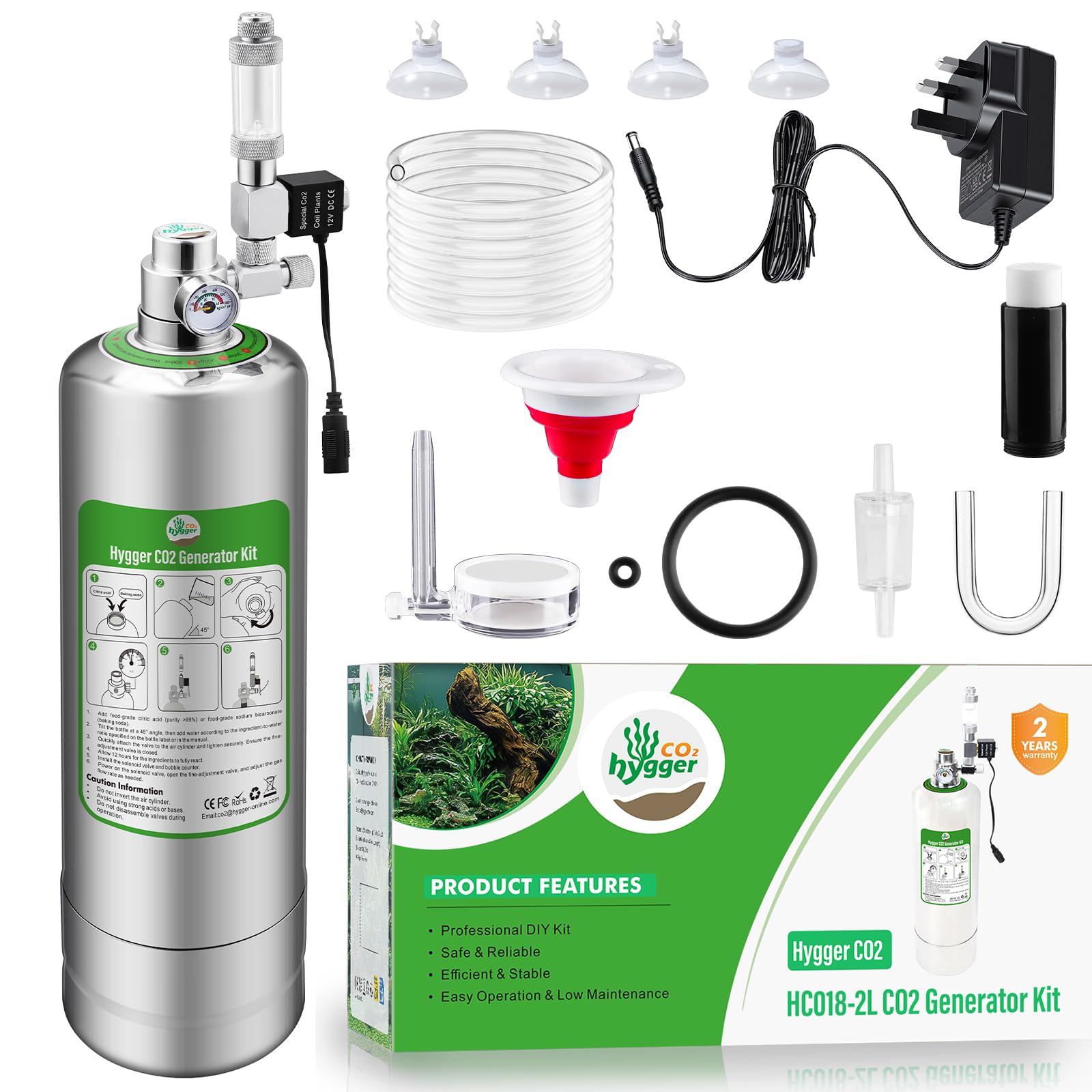 Aquarium CO2 Generator System 2L, co2 Aquarium kit Carbon Dioxide Reactor Kit, with co2 regulator,Needle Valve,bubble counter and solenoid co2 plant system for Aquarium Plants tank 20L to 60L