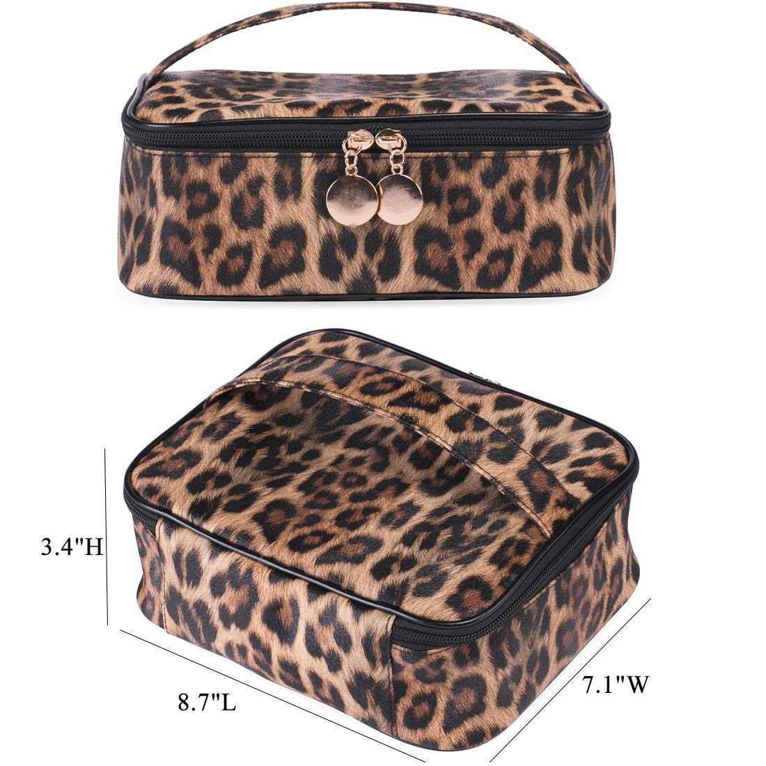 Makeup Bag Travel Large Toiletry Bag Leopard Portable Cheetah Printed Cosmetic Organizer Pouch with Small Brush Storage Case Gold Zipper Waterproof Adjustable Dividers for Women,8.7x7.1x3.4inch - Image 2
