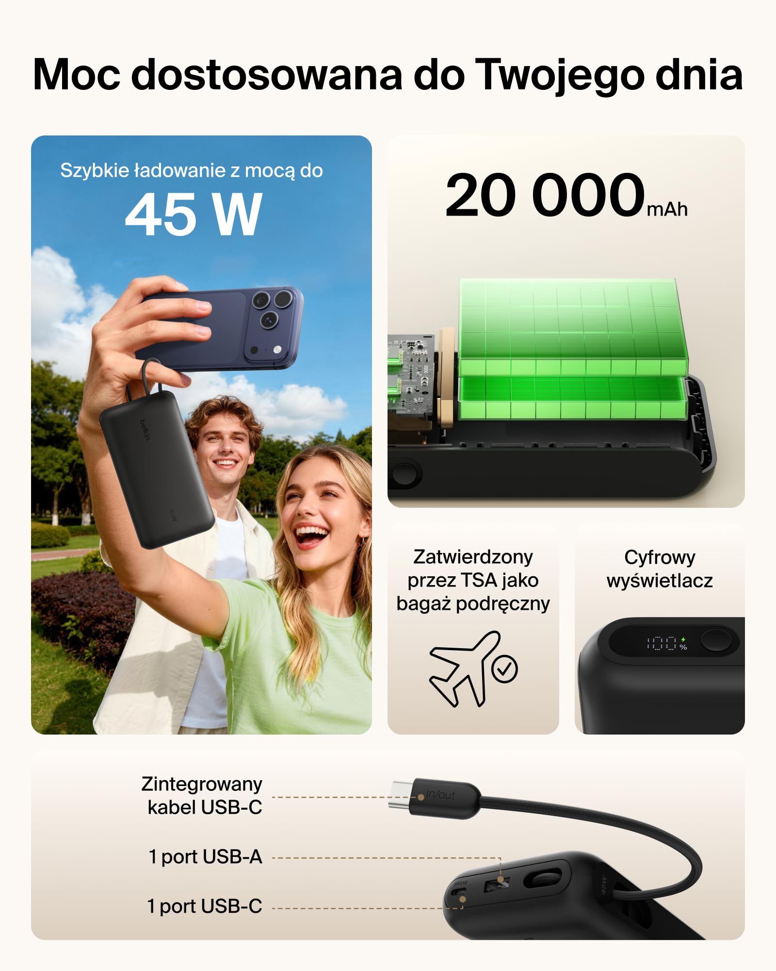 Belkin UltraCharge Powerbank 20 000 mAh, Kabel USB-C, Wyświetlacz – Czarny | Powerbank 20 000 mAh, Ładowanie 3 Urządzeń (1 Port USB-C, 1 Port USB-A, Kabel USB-C), 45 W, Wstępnie Naładowany, Wyświetlacz