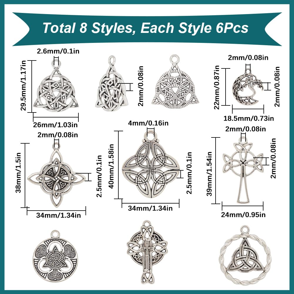 SUNNYCLUE 1 Box 48Pcs 8 Styles celtics Knot Charms Bulk Trinity Knot Charm Large Alloy Chinese Tibetan Silver Antique Style Connector Charm for Jewellery Making Charms DIY Craft Necklace Bracelet Ear - Image 2