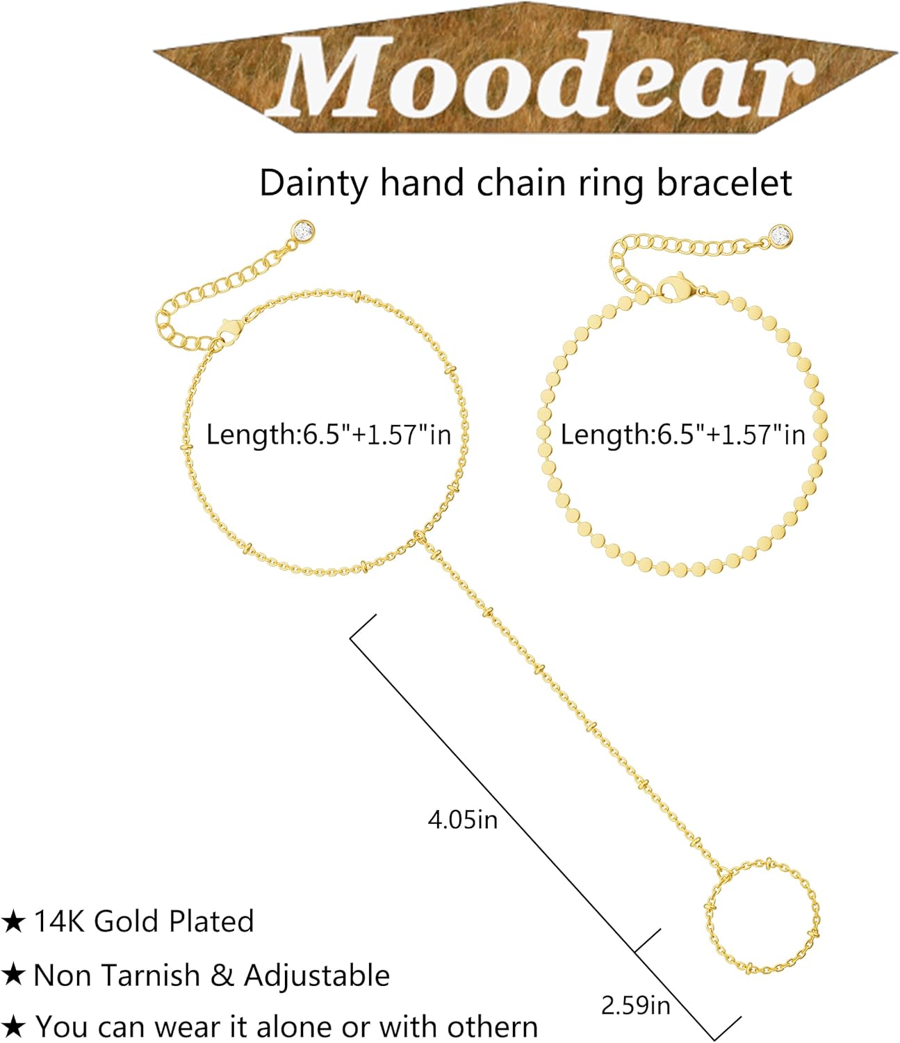 Moodear Gold Bracelet Hand Chain for Women - Dainty 14K Gold Plated/Sterling Silver Plated Layered Adjustable Satellite Bead Dot Link Ring Bracelets Non Tarnish Trendy Jewelry Gift
