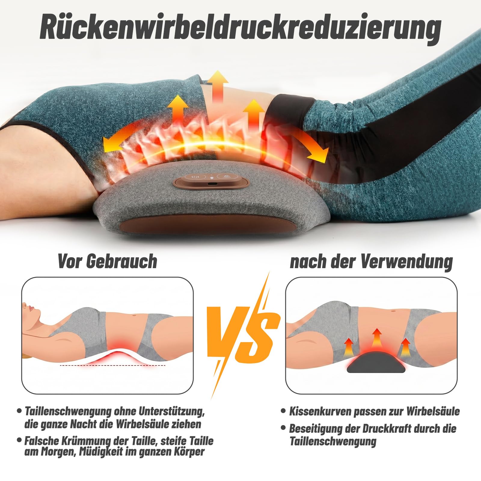 Rückenmassagegerät,Massagekissen Lendenwirbelkissen mit Wärme- und Vibrationsmassage, 5-Sekunden-Memory-Schaum, 26° Lendenstütze, Ergonomisches Rückenkissen für Bürostuhl, Auto, Bett und Sofa