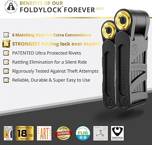 Miniatura 2 de Seatylock FoldyLock Forever - Juego de candados plegables para bicicleta, patentados, 2 cerraduras de bicicleta a juego con 6 llaves idénticas,