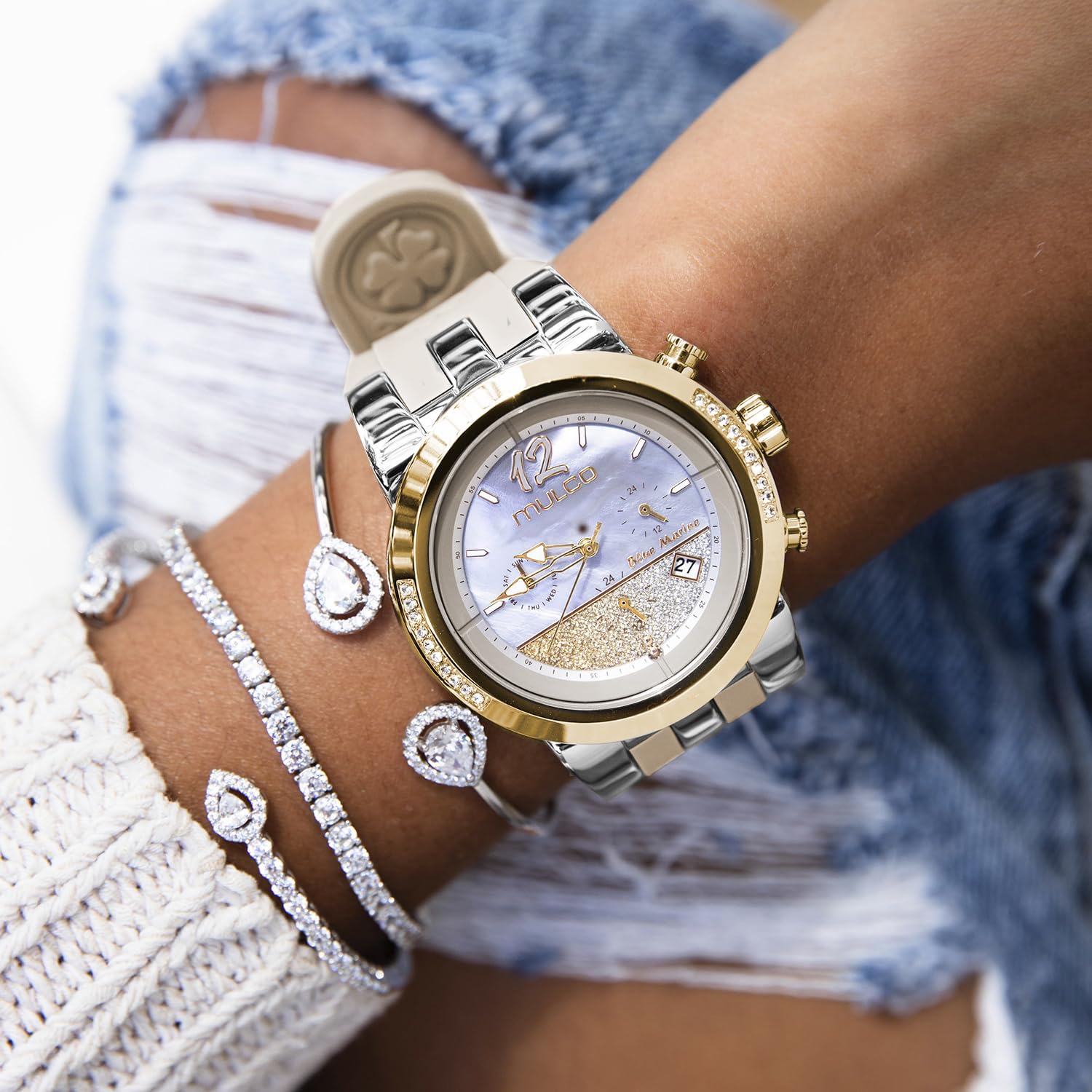 Mulco Blue Marine - Reloj de cuarzo multifuncional para mujer, correa de acero inoxidable y silicona, pantalla analógica, tonos Swarovski y detalles de oro rosa resistente al agua
