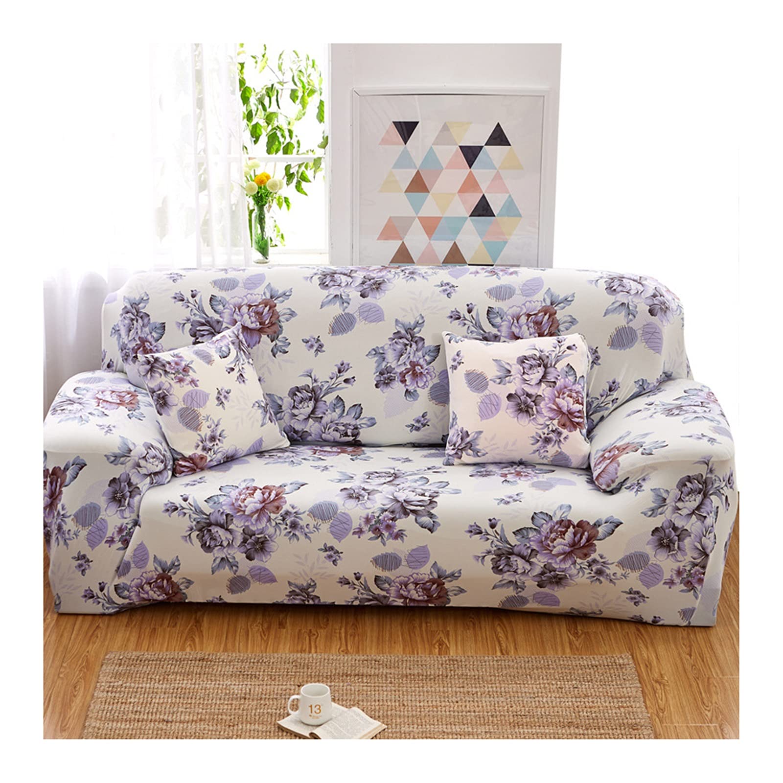Housse canapé 4 places fleur vintage extensible grand protecteur de sofa 235-310cm