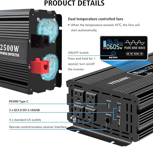 Miniatura 8 de YITRANIC Inversor de onda sinusoidal pura de 2500 W, 12 V a 110 V, convertidor de corriente CC a CA con control remoto 2 en 1 para el hogar,