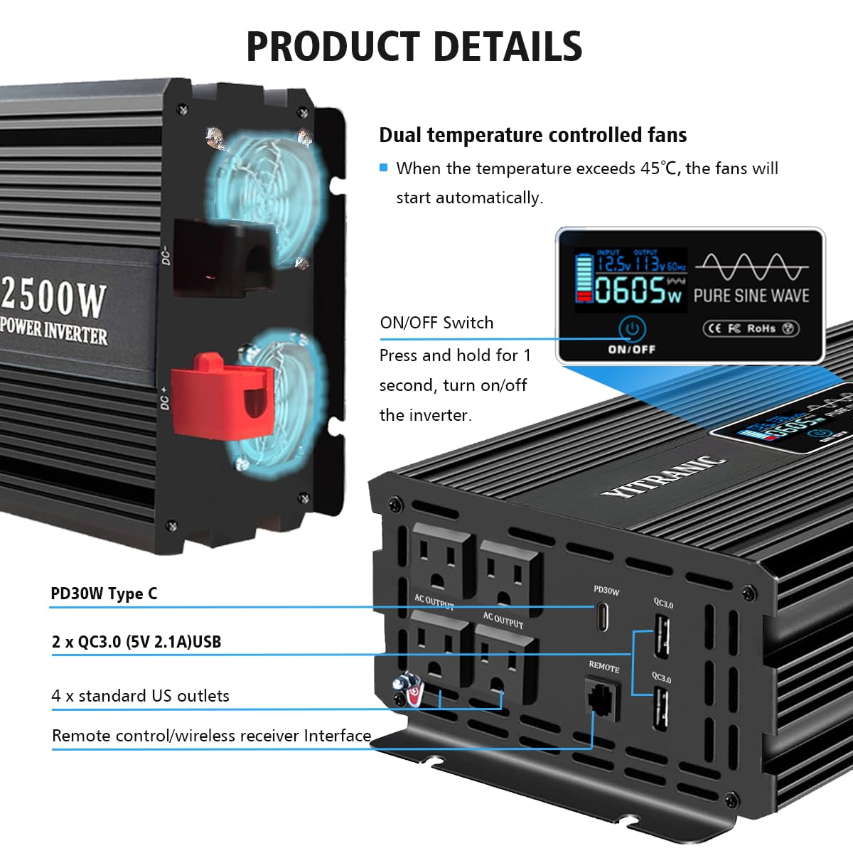 YITRANIC 2500W Pure Sine Wave Inverter 12V DC to 110V AC Power Inverter with Wireless & Wired LCD Remote Controller for Home, Camping, Dual USB, Type C