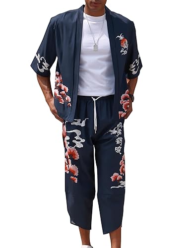 Men's Japanese Kimono Set Chinese Style Printed Open Front Cardigan and Pants Stylish Loose Casual Coat Suits - Navy Blue - Large