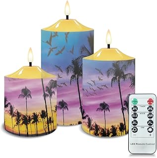 Cozeyat Flameless Candles with Timer 3 Pieces, Unscented Realistic Bullet Floating Flame Pillar Candles, Summer Coconut Tree Sunset Scenery Design Battery Operated Candles for Wedding Decor
