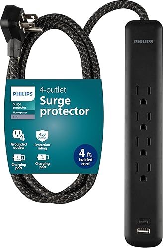 Philips Protector de sobretensiones de 4 tomas, cable trenzado de 4 pies, 1-USB-C, 1-USB-A, cable de extensión, para el hogar, la escuela u oficina,