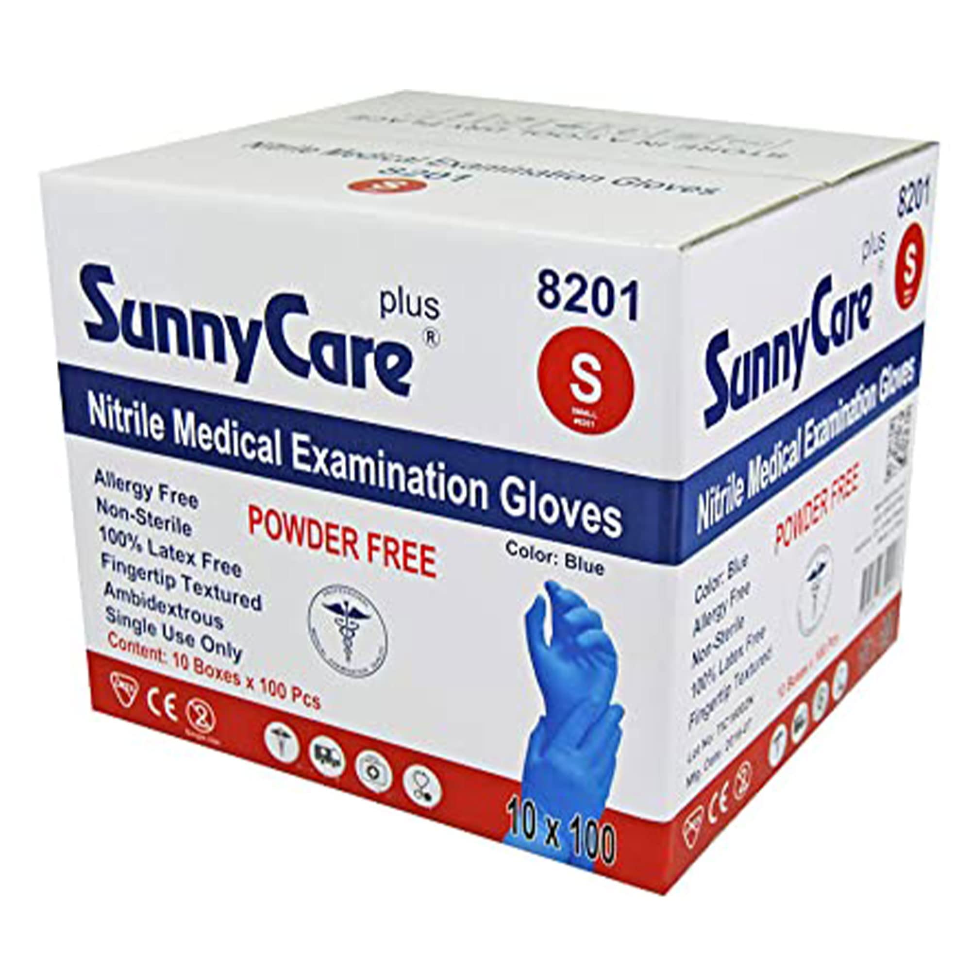 SunnyCare #8201 1000/1cases Blue Nitrile Medical Exam Gloves Powder Free Chemo-Rated (Latex Vinyl Free) Small