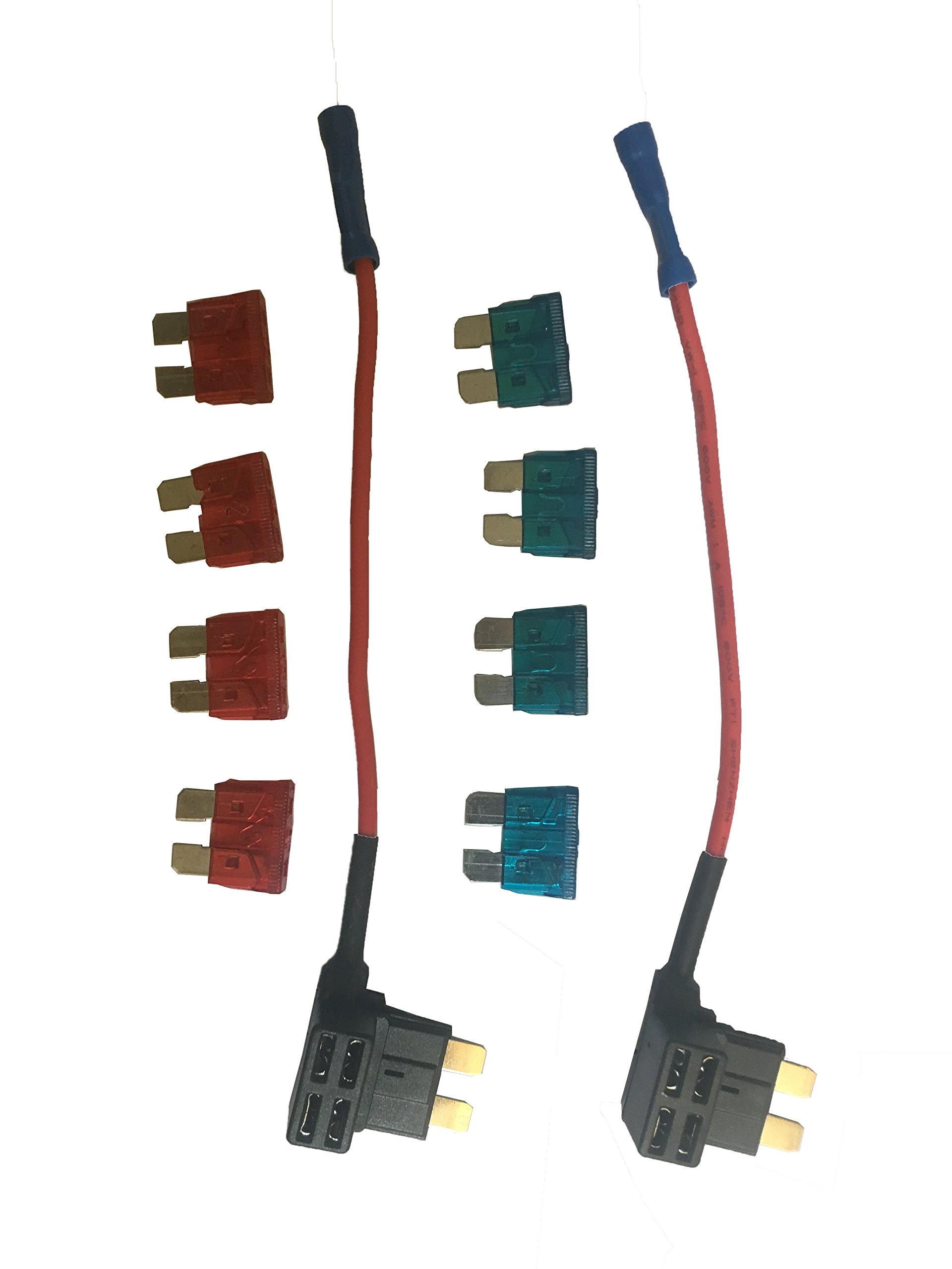 KOLACEN Automotive Car Truck 2 Pieces 16 Gauge Add-a-Circuit Fuse TAP Adapter for Standard Blade Type Fuse + 8 Pieces Fuse 5Apm 7.5Apm 10Apm 15Apm (Standard 10A15A)