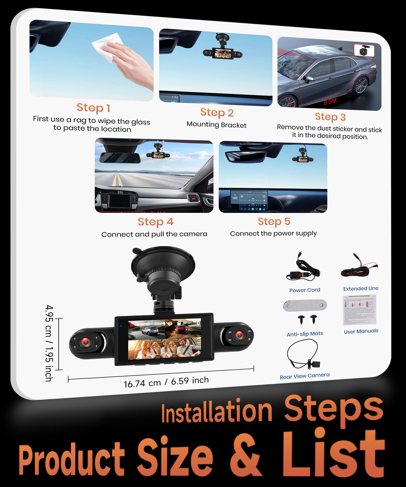 Rimoody 4 Canali Dashcam Auto 360°, 4 Telecamera HD 1080P Anteriore e Posteriore Sinistra Destra, 3 Pollici IPS Schermo Dash Cam con Visione Notturna 8 IR/Loop Video/24H Parcheggio Monitor