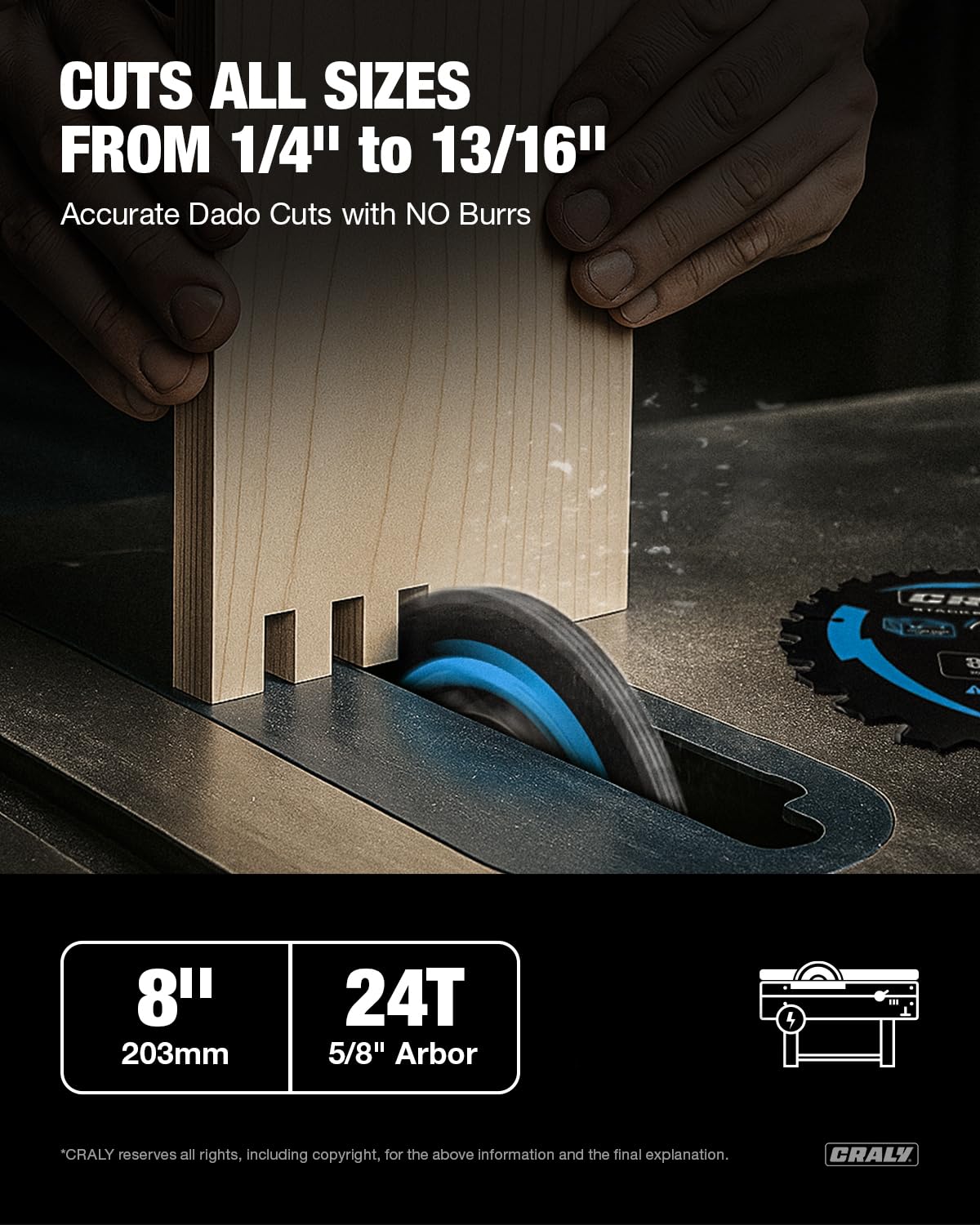 CRALY 8 Inch Carbide Stacked Dado Blade Set, 24 Teeth with 5/8 Inch Arbor, Black Ice™, Adjustable Cutting Sizes for Wood Cutting Table Saw(DADO203-7) 8'' Dado Set