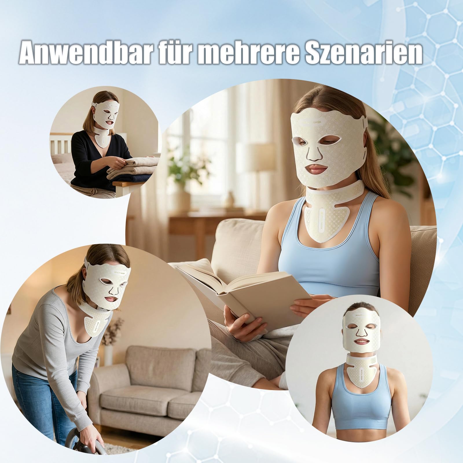 Masque Neck Set LED Visage Professionnel 7 Couleurs – Luminothérapie Anti-Âge Anti-Acné, Stimulation Collagène 630nm, Soin Visage Rajeunissement Peau, Réduction Rides & Taches-Blanc