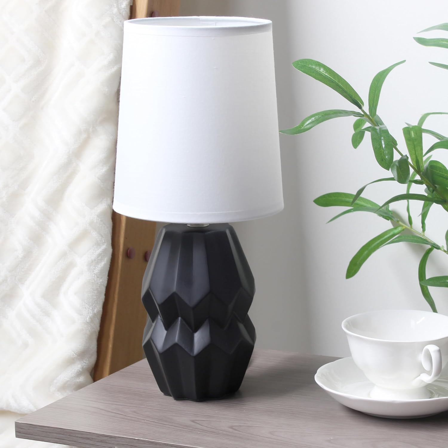 Simple Designs LT1165-BLK 12.5" Chic Glow Ceramic Geometric Table Lamp with White Fabric Shade, Stylish Accent Lighting, for Bedroom, Office, Living Room, Dorms, Black