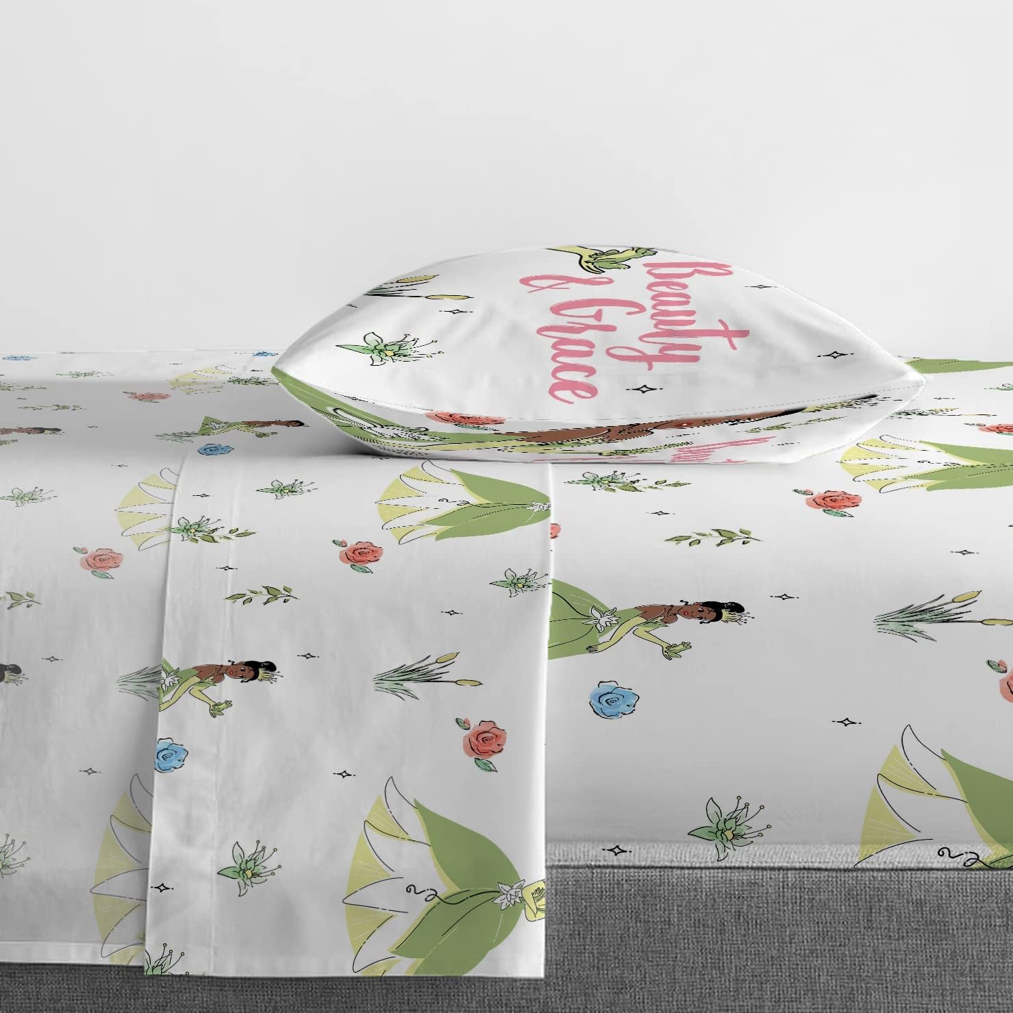Jay Franco Kids Sheet Cartoon Set with Fitted, Flat Sheets & Pillow Cover - Ultra-Soft Bedding with Pillowcase for Room Decor, White - Tiana, 3 Piece Twin