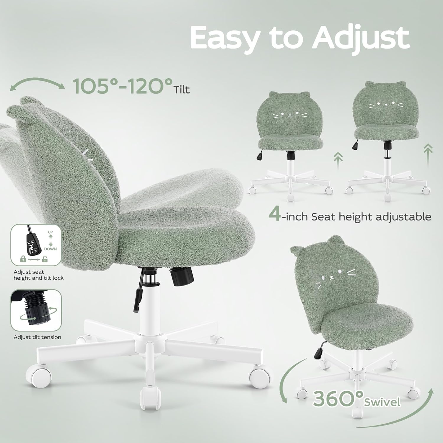 Vanity Chair with Cat Back,Armless Desk Chair Cute Small Office Chair,Teddy Fabric Computer Chair with Adjustable Height,120°Tilting,Rolling,Swivel for Vanity,Kids Room,Office,Bedroom Green