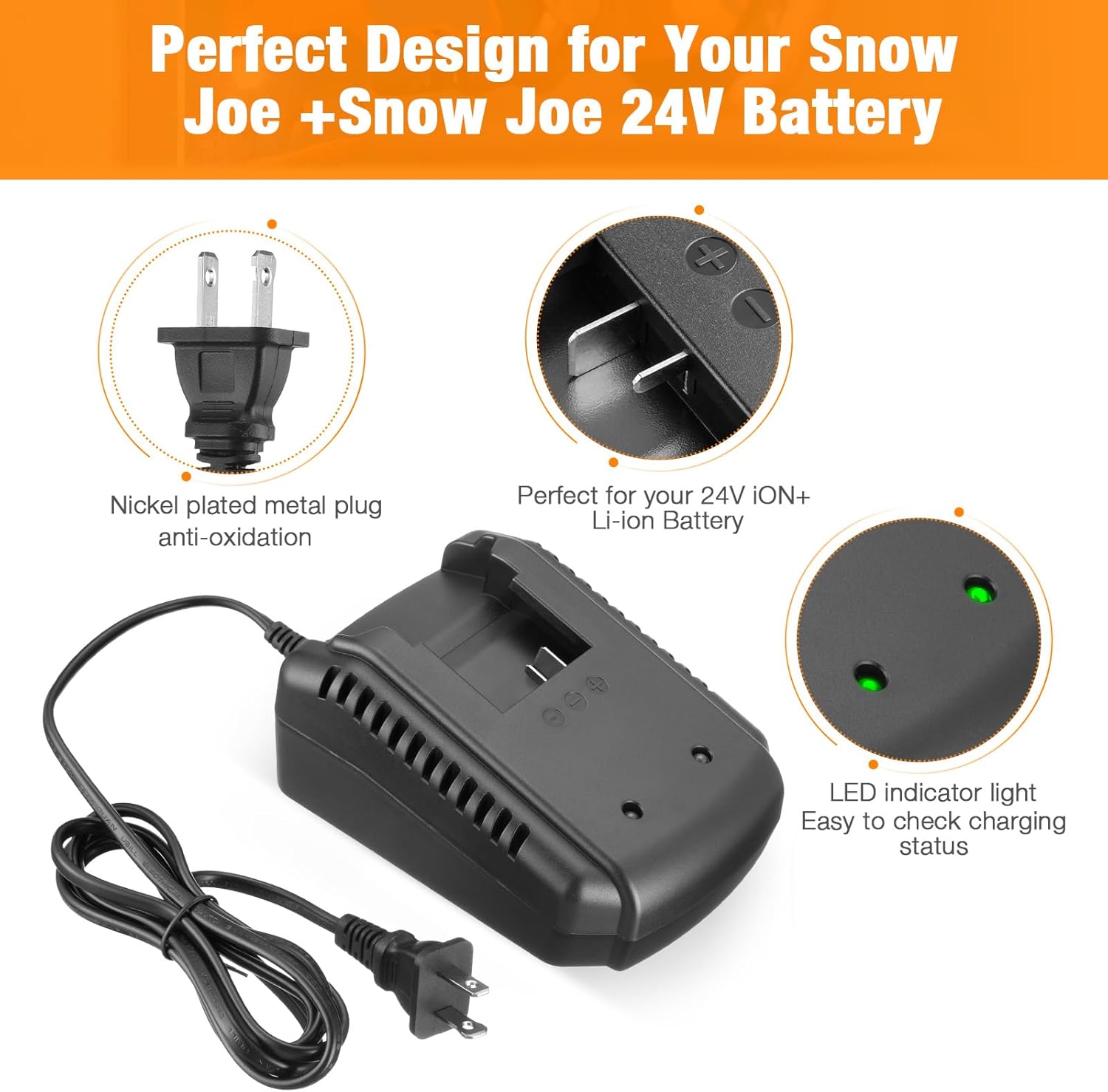 24VBAT Series Batteries Fast Charger Compatible with Sun Joe+Snow Joe 24V Lithium-Ion Battery Charger for 24VCHRG-QC iON+ Quick Charge Dock for iBAT24 Series Batteries - Image 3