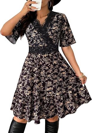 HOMEYEE Womens Vintage Floral Dress V Neck with Lace Boho Summer Flowy Dresses